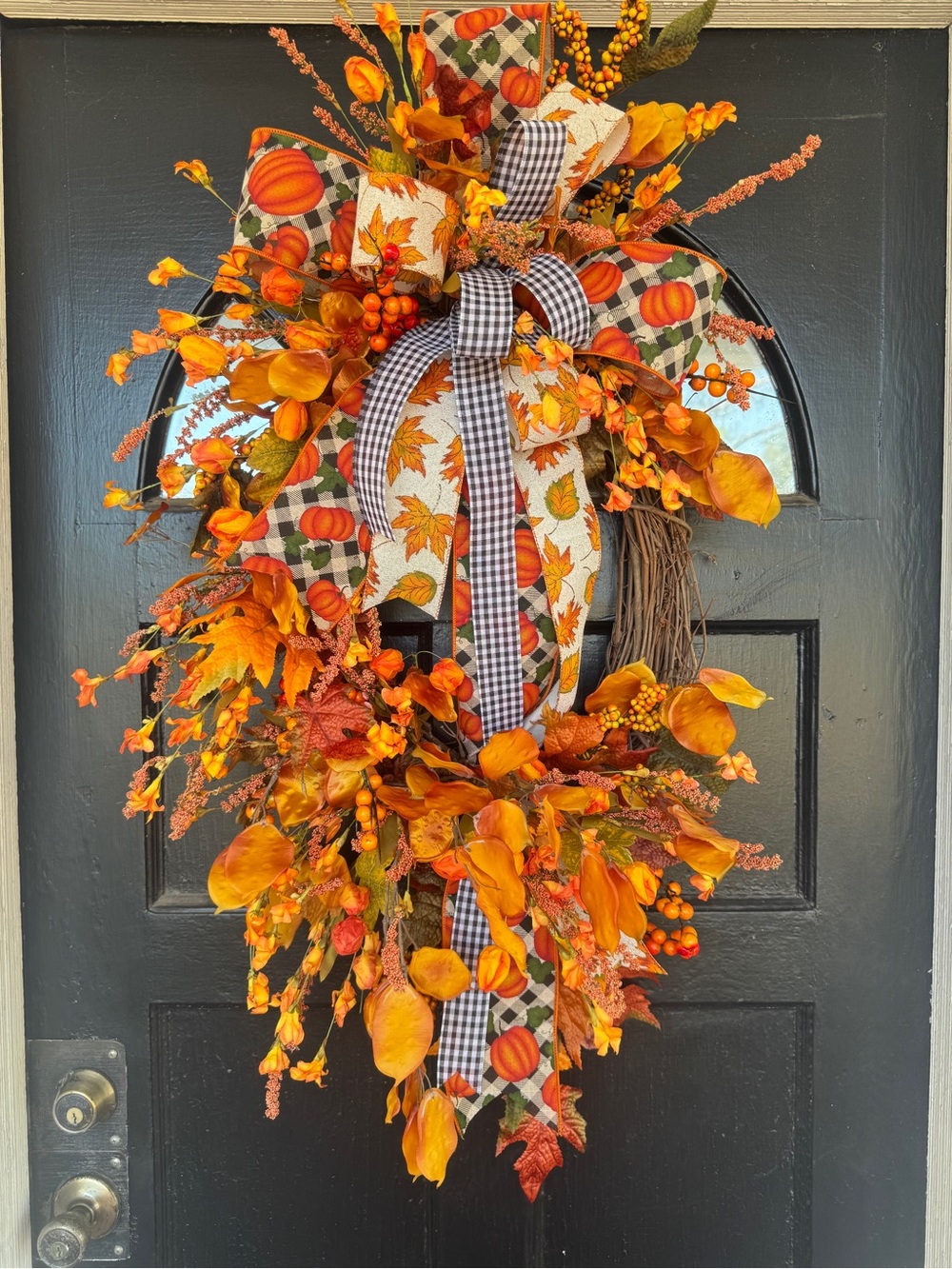 Autumn Harvest Orange Fall Door Wreath with Ribbon